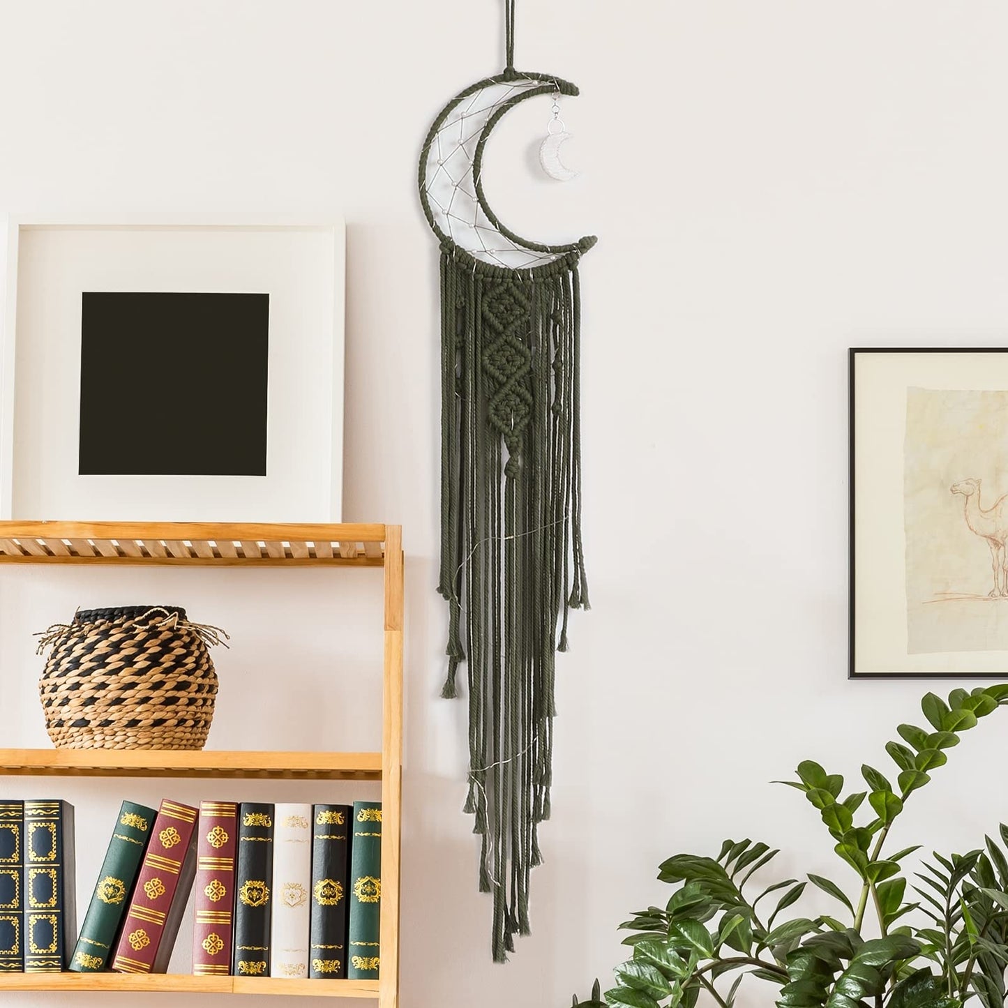 Boho Macrame Woven Wall Hanging for Kids, Crochet Crescent Moon Star Dream Catcher with Long Tasselt, Olive Cotton Handmade Bohemian Home Decor Decoration for Nursery Bedroom Dorm Room