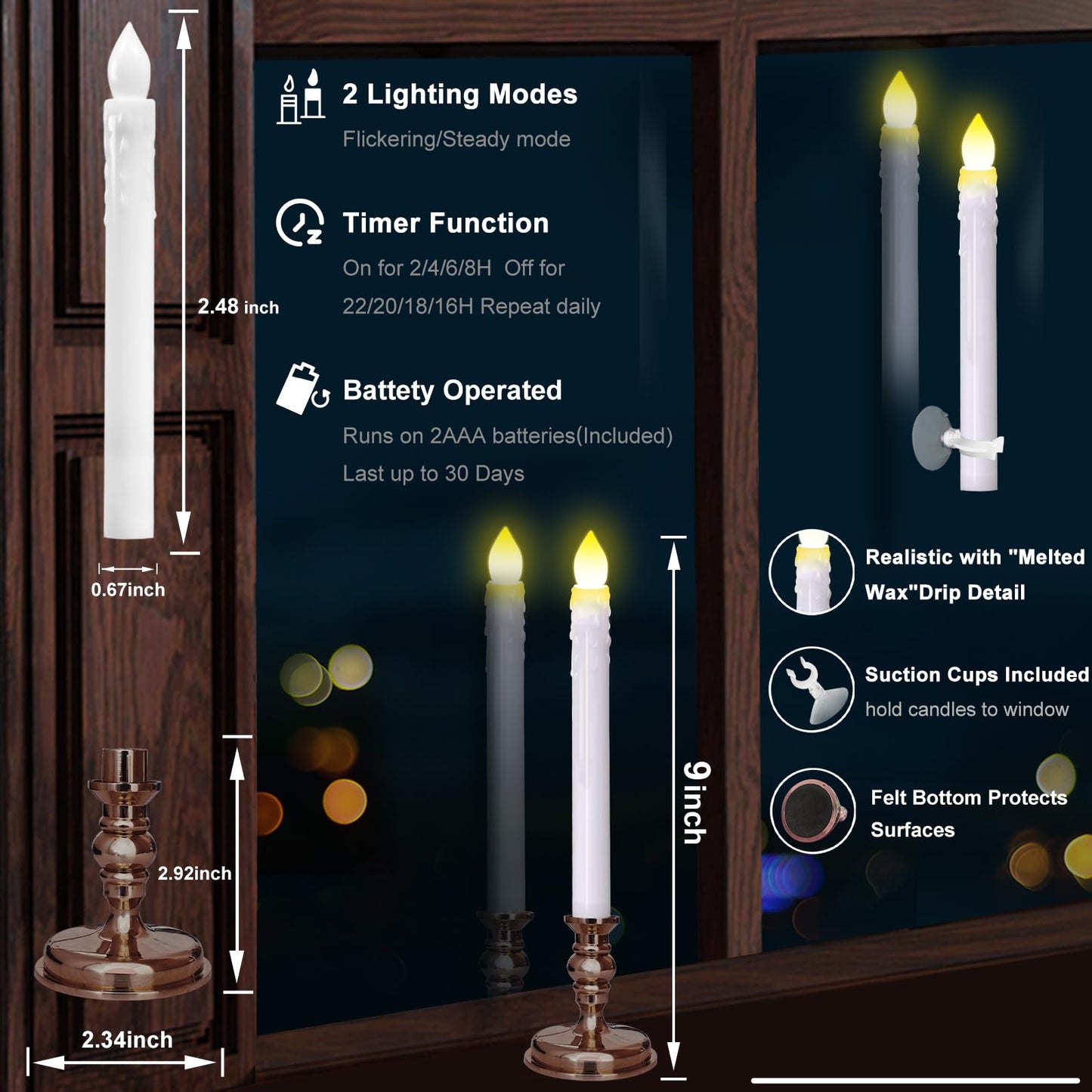 Kithouse Flameless LED 12 Pack Window Candles with Drip Texture,Removable Candle Holders,24 AAA Batteries,Daily Timer,ON/Off Remote,12 Window Suction Cups,Christmas Home Wedding Decor (Brown)