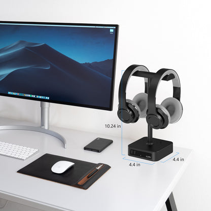 KAFRI Dual Headphone Stand with USB Charger Desk Gaming Double Headset Holder Hanger Rack with 2 USB Charging Port and 2 Outlet - Suitable for Gamer Desktop Table Game Earphone Accessories Gift