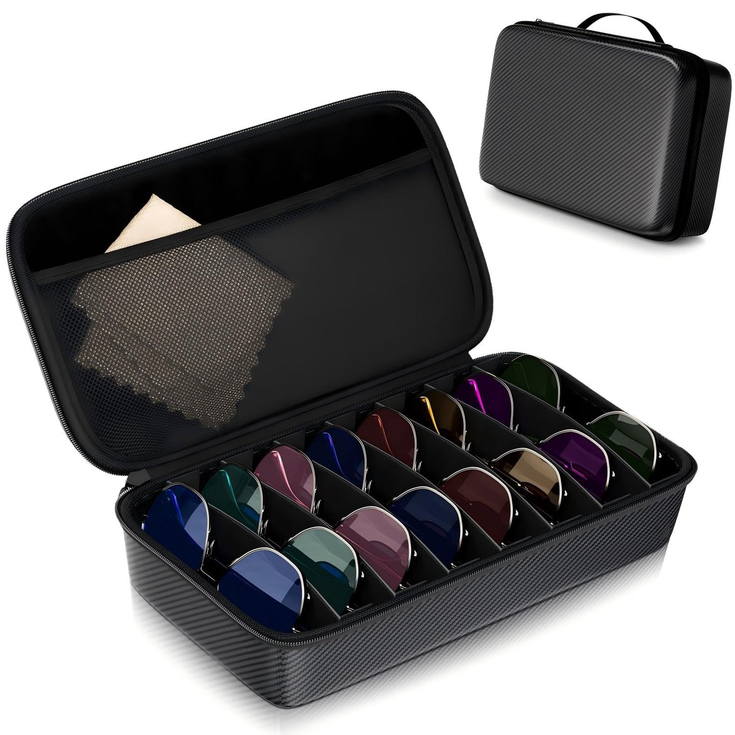 Vecxoty Black Travel Sunglasses Organizer For 8 Pairs, EVA Hard ShellSunglass Case with Soft Lining & Adjustable Slot for Secure Multiple Sunglasses Storage, Portable Eyeglass Case for Men Women