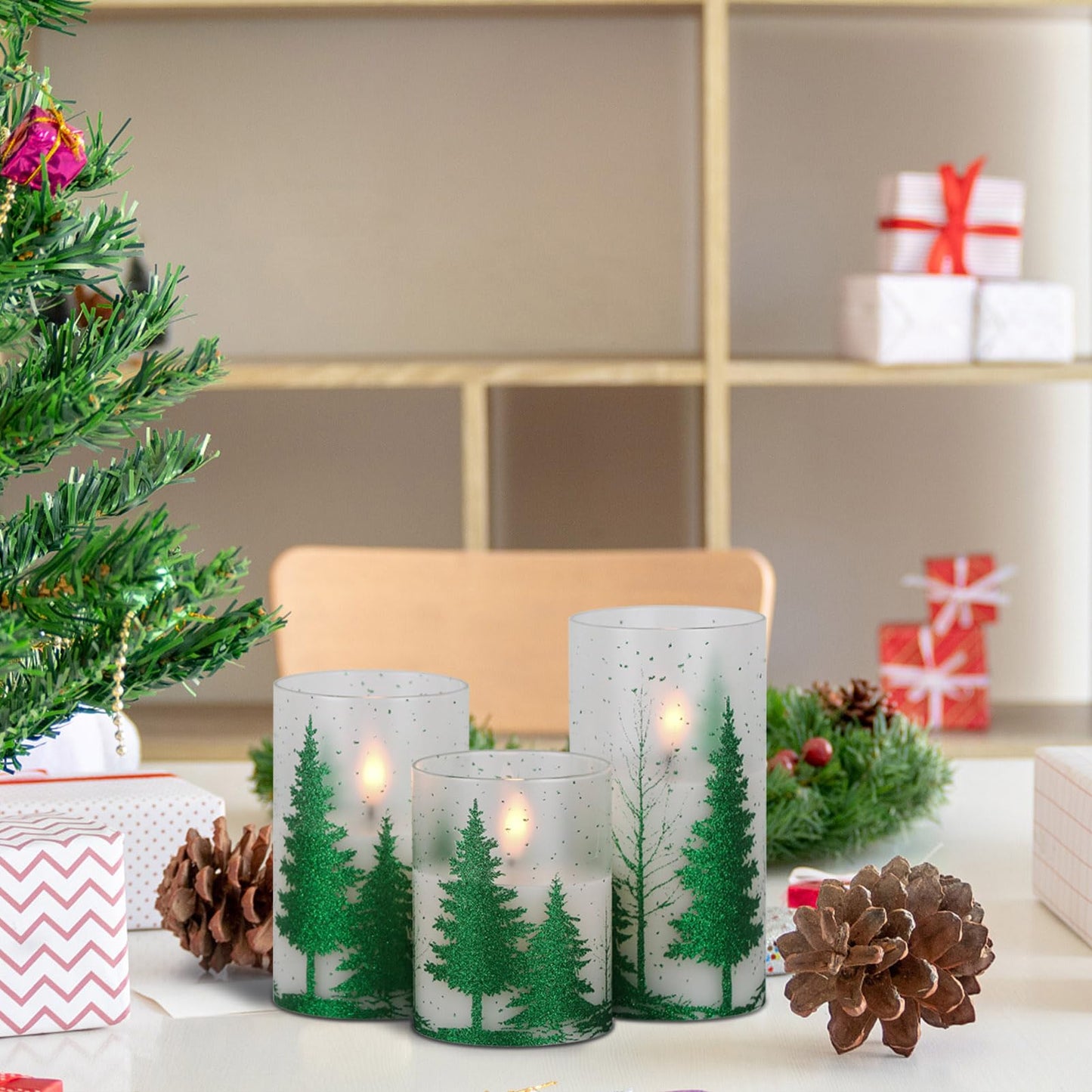 Wondise Glass Flickering Flameless Candles with Remote and Timer, Battery Operated 3D Wick LED Candles Christmas Tree for Christmas Holiday Home Decoration, Set of 3(D3 x H4,5,6 Inch)