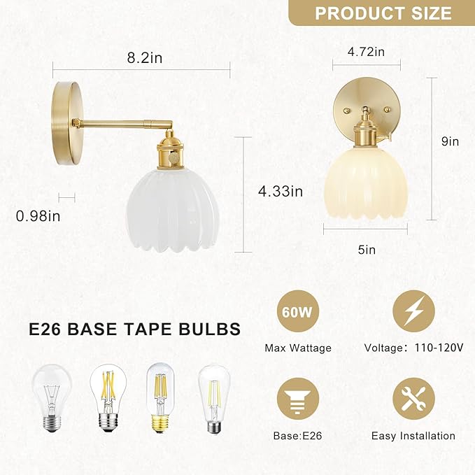Wall Sconces Set of Two Hardwired, Vintage Sconce Light with Tulip Milk White Glass Lampshade, Bathroom Wall Lights with Switch, Gold Wall Light Sconces Wall Decor Set of 2