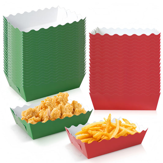 100 Pcs Christmas Paper Food Trays Christmas Cookie Tray for Gift Giving Red and Green Scalloped Food Serving Boat Disposable Trays for Serving Snack Xmas Holiday Party Decorations