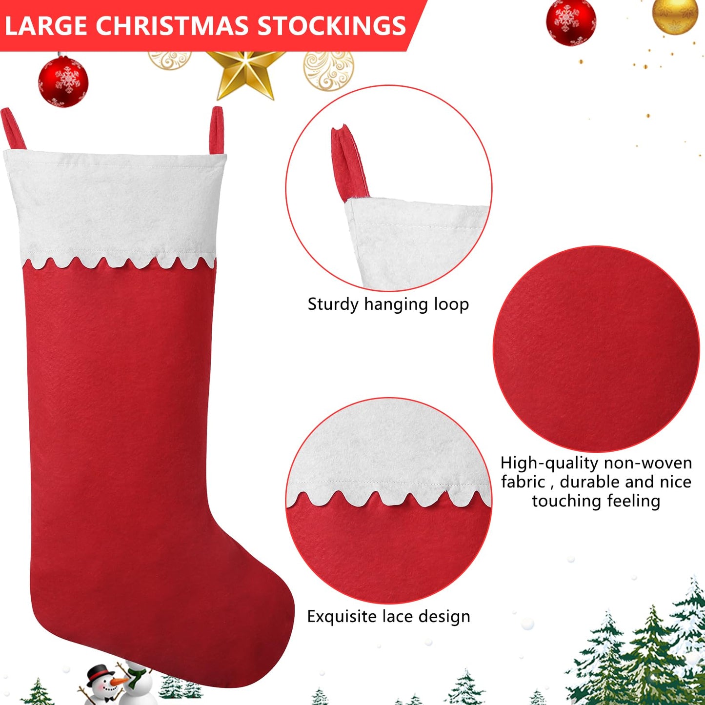 Asisca 2 Pack Jumbo Felt Christmas Stockings, 38 Inches Large Red and White Felt Christmas Stockings for Xmas Tree Fireplace Hanging Decor and Holiday Party Family Home Decorations