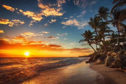 Beach Art Wall Decor Coral Beach Sand Sea Palapa Tropical Palm Tree Photo Sunset Landscape Pictures Ocean Scenic Scenery Nature Photography Paradise Cool Wall Art Print Poster 36x24