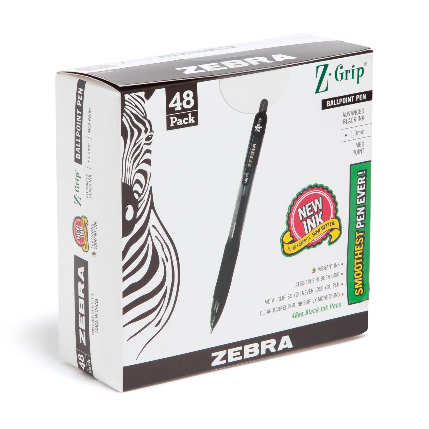 Zebra Pen Z-Grip Retractable Ballpoint Pen, Smooth-Flowing Black Ink, 1.0mm Medium Point, School & Office Supplies, Ideal for Note-Taking, Journal and Planner Use, 48-Pack (22148)
