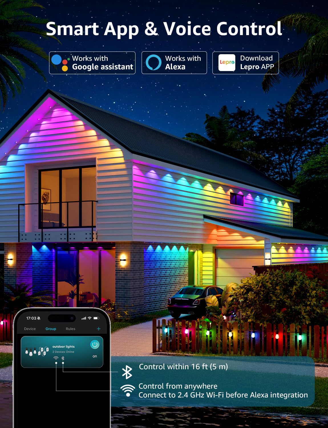 Lepro EE1 AI Permanent Outdoor Lights with Dual-Output, 300ft 180 LED RGB+IC Smart Outside Light for House Christmas Decor,Alexa Google Enabled 2.4 GHz WiFi/Bluetooth, APP Control No Remote Controller