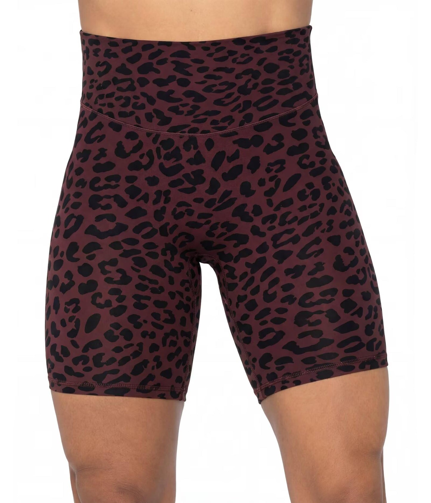 Sunzel 8" Waist Biker Shorts for Women No Front Seam Soft Yoga Workout Gym Bike Shorts Tummy Control Squat Proof Leopard Chocolate Brown Medium