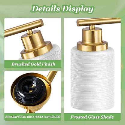 2-Light Vanity Lights, Brushed Gold Bathroom Light Fixture with Striped Textured Milky White Glass Shade, Modern Vanity Lighting Fixture for Bathroom Wall Light Over Mirror, E26 Wall Sconce