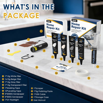Quartz Countertop Repair Kit, Granite & Marble Repair Kit with 4*15g Filler(White,Beige, Gray,Clear), 30s Fast Repair Chip, Hole, Scratch, Crack on Fiberglass, Porcelain, Ceramic Tile, Bath Tub, Sink