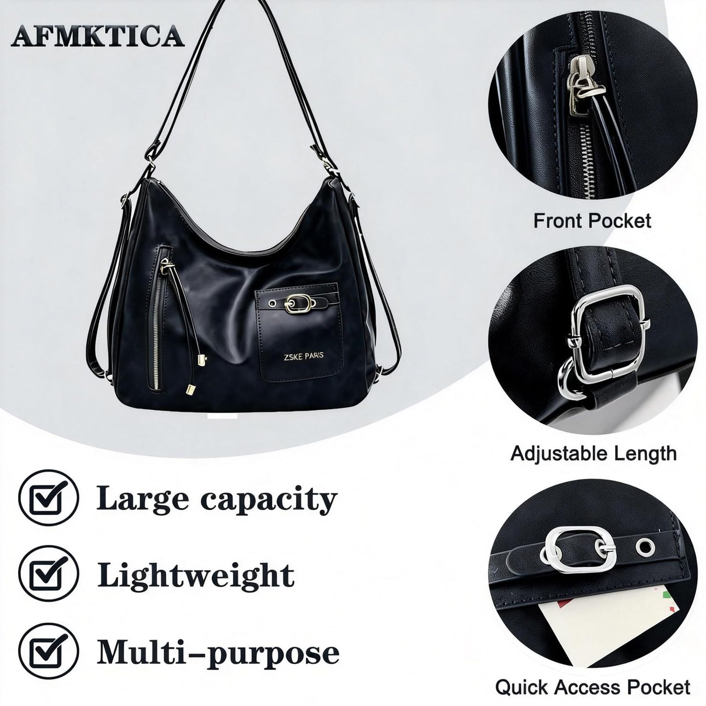 AFMKTICA Y2K Trendy Purse for Women, Leather Buckle Punk Hobo Clutch Purses Bags for Ladies Top Handle Shoulder Bag (Bigblack)