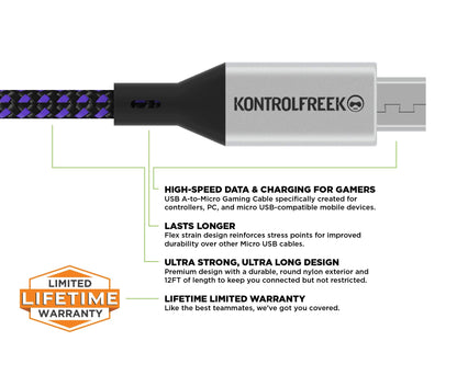 KontrolFreek Gaming Cable Micro USB (12ft) The Premium Durable Gaming Cable [Round Braided Nylon] for PlayStation Controllers, Xbox Controllers, PC, Android Smartphones and More