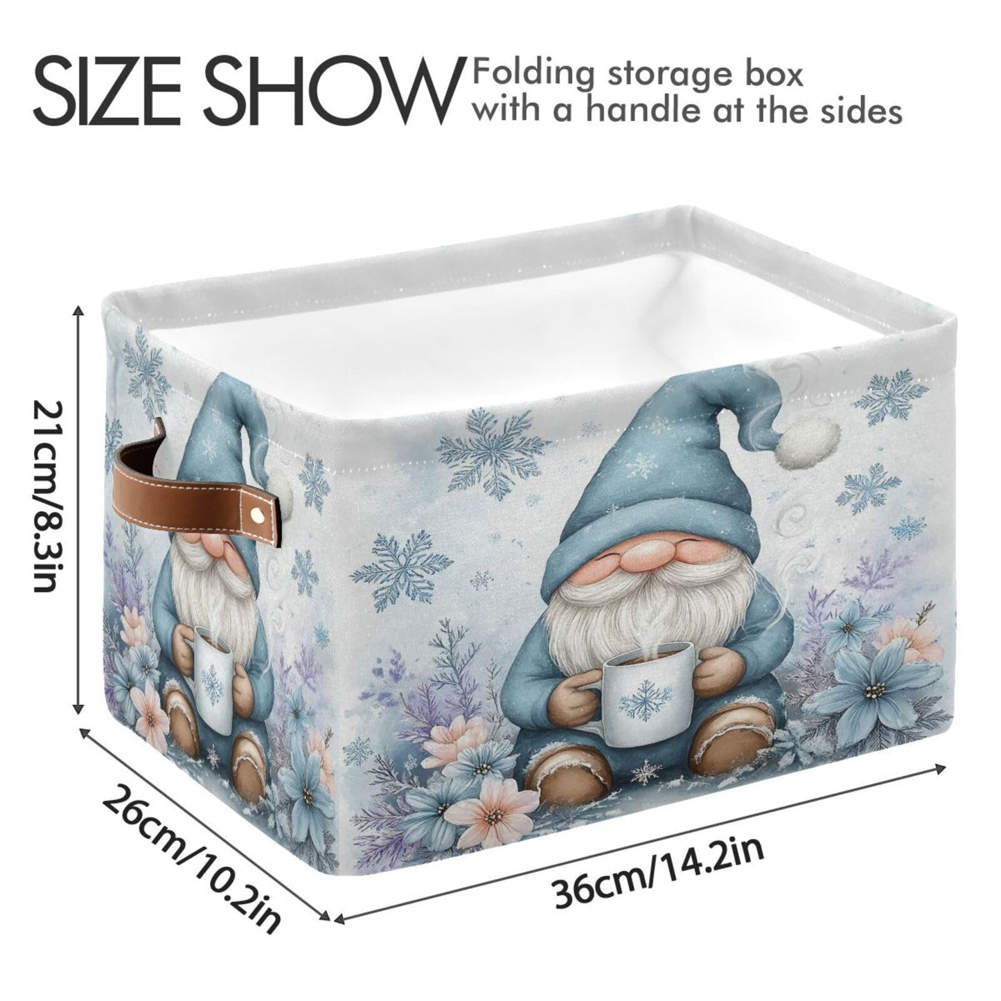 Pfrewn Christmas Winter Storage Basket Cute Gnome White Snowflakes Flowers Collapsible Rectangular Storage Boxes Organizer Shelf Basket Toy Book Storage Bin for Nursery 1 Pack