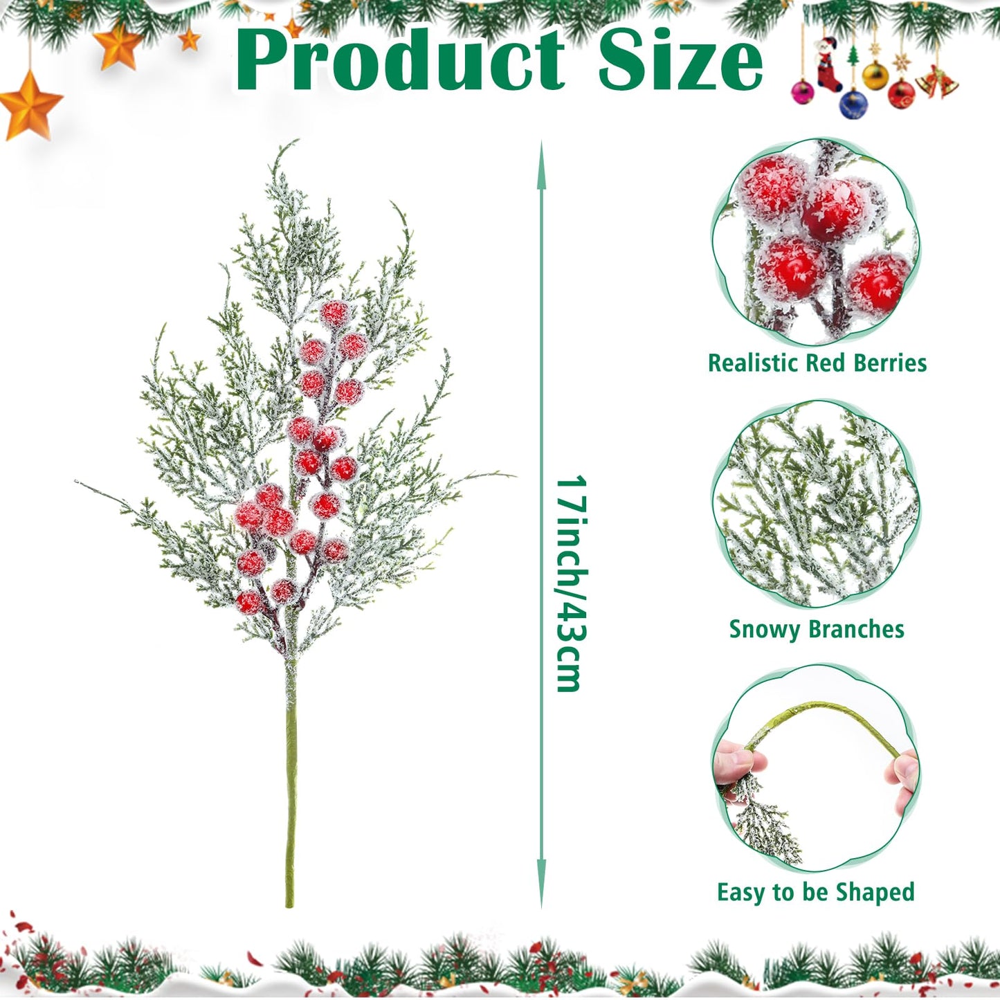GoClimber 6 Pcs Snowy Artificial Cedar Picks with Red Berries, Christmas Tree Picks Frosted Faux Cedar Sprays with Greenery Branches Stems, Floral Picks for Vase Fillers Craft Wreath Holiday Décor