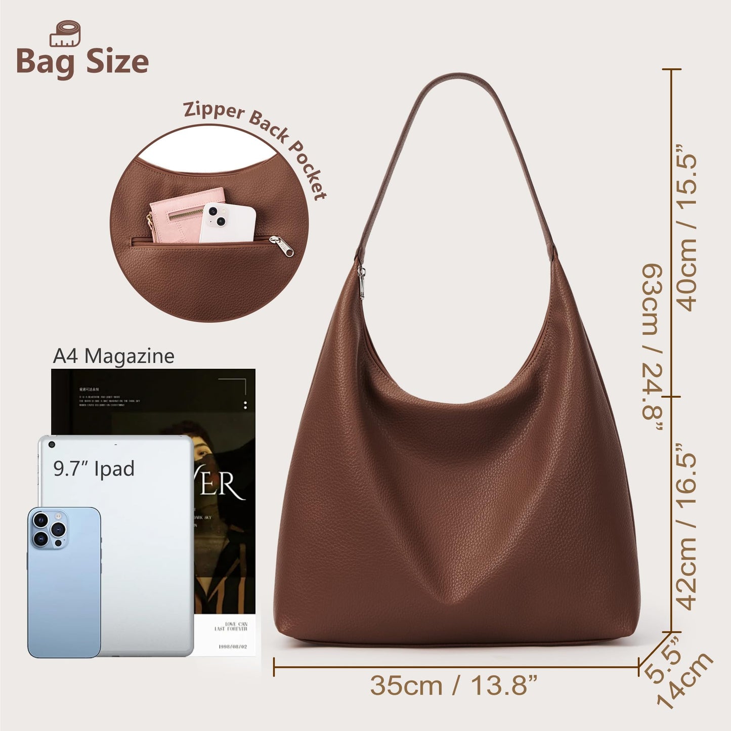 KALIDI Casual Tote Bag Vegan Leather Hobo Zipper Work Bag Weekender Shoulder for Women Shoulder Travel Purse (Dark Coffee)