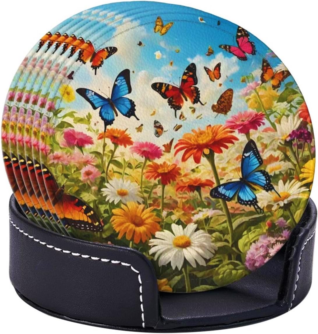 BOXIMIAO Drink Coasters with Holder Stand Set of 6, Bright Flower Butterfly Pu Leather Absorbent Coasters with Cork Base Table Coaster Round Coasters for Housewarming Apartment Kitchen Bar Decor