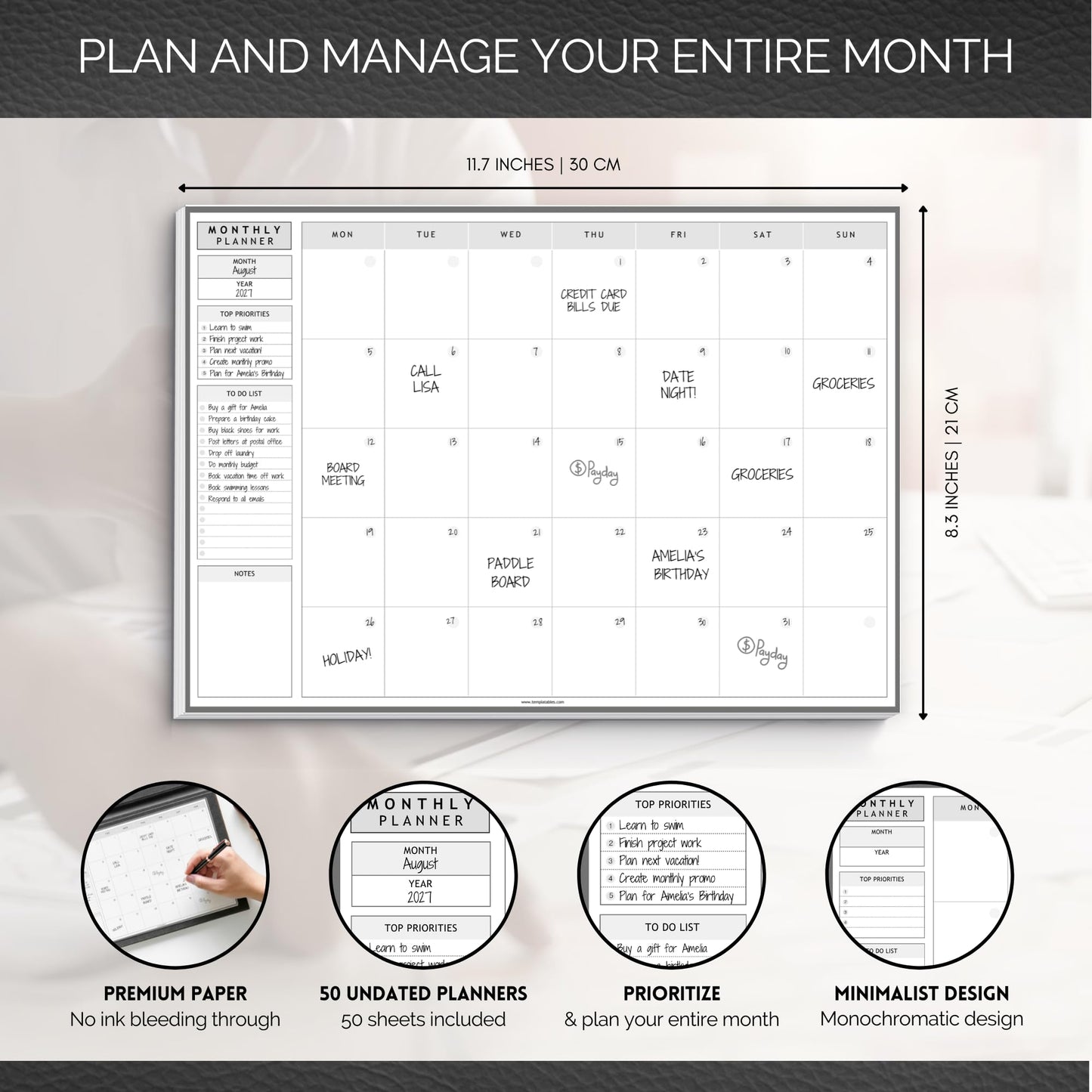 Templatables Monthly To Do List Notepad | Monthly Planner Desk Pad, Brain Dump, Organizer and Priority List | 50 Undated Tear Away Sheets | A4 (Mono)