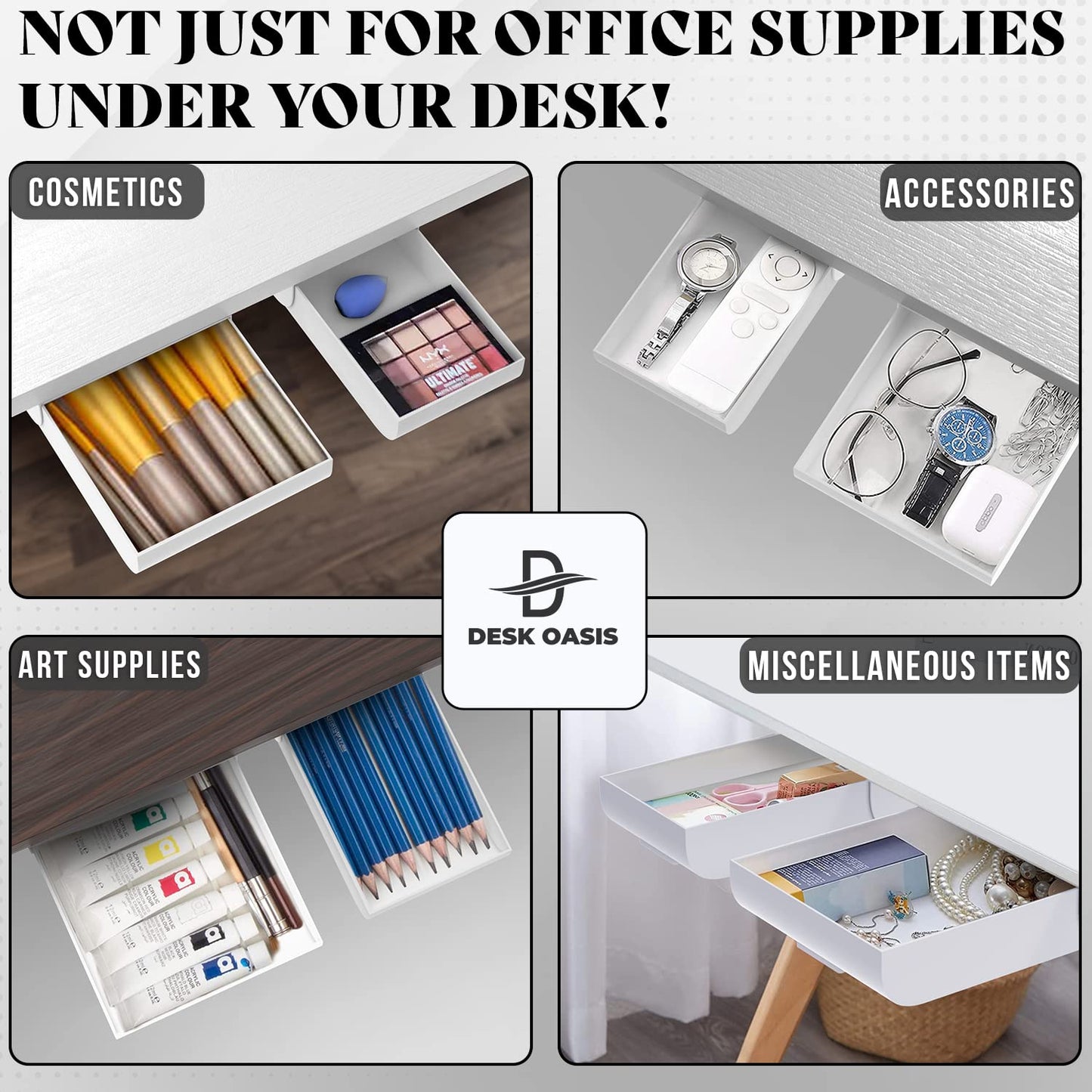 Desk Oasis 2 Pack Under Desk Drawer Organizer, Slide Out Storage for Pens, Cables & Office Accessories with Self Adhesive, No Drill Installation, Hidden Desk Storage for Office and Home