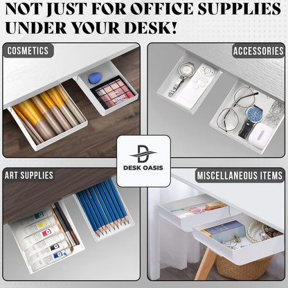 Desk Oasis 2 Pack Under Desk Drawer Organizer, Slide Out Storage for Pens, Cables & Office Accessories with Self Adhesive, No Drill Installation, Hidden Desk Storage for Office and Home