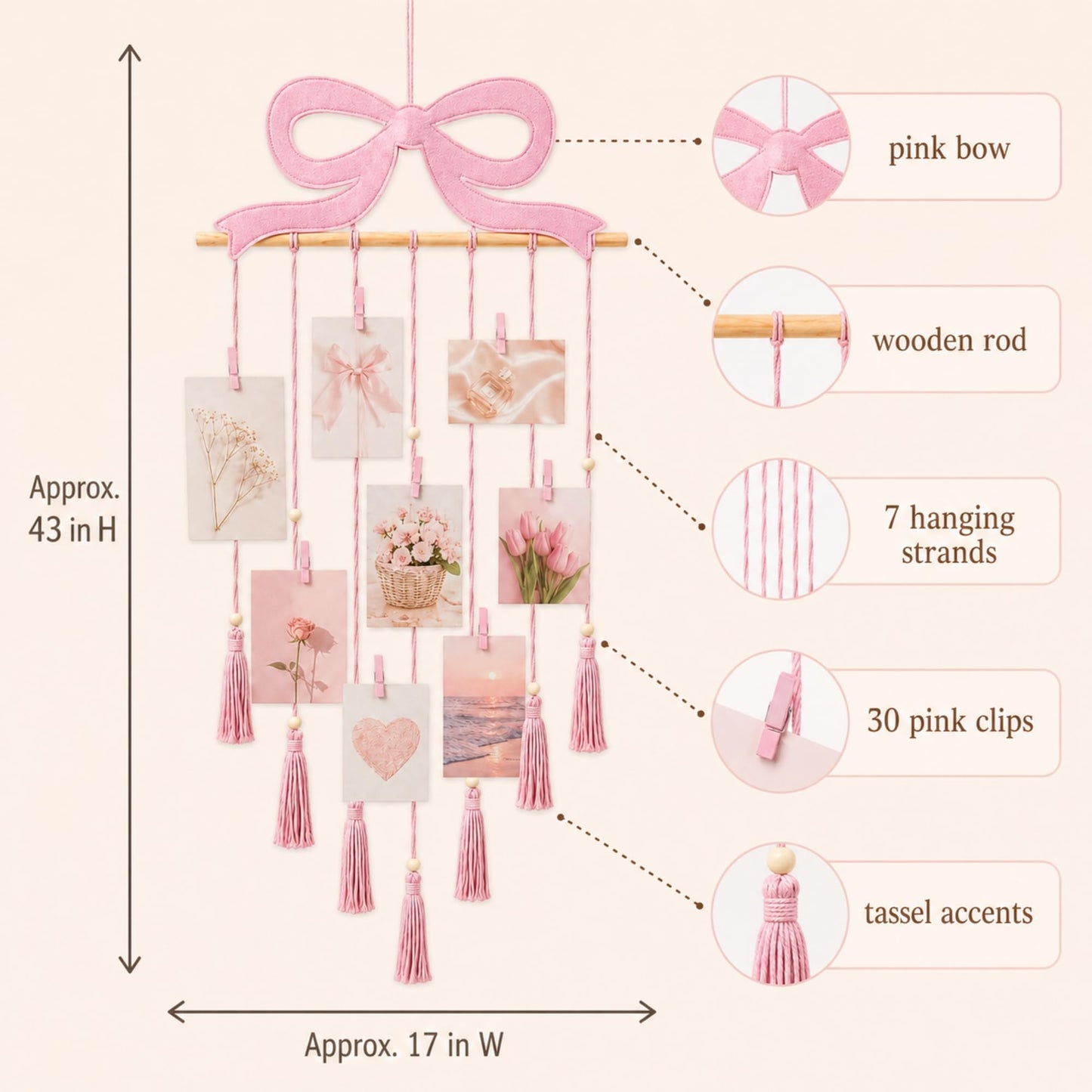 Fiwochic Pink Bow Hanging Photo Display Pink Bow Wall Decor Macrame Wall Hanging Coquette Picture Holder with 30 Clips for Teenage Girl Gift Room Decor Bedroom Graduation Wedding Coquette Party