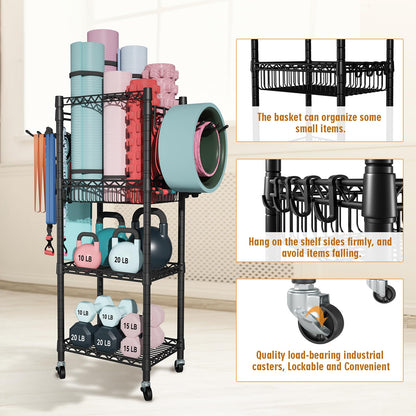 FUTASSI S1 Home Gym Storage, 3-Tier Workout Equipment Organizer with Wheels for Yoga Mats, Foam Roller, Dumbbells, Kettlebells, and Resistance Bands, 47.2" H x 27.1" L x 11.8" D, Black