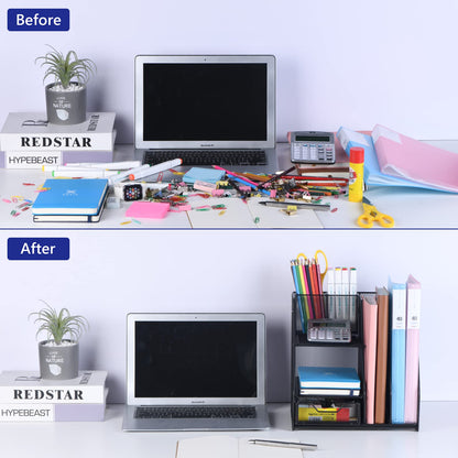 Desk Organizer, File Organizer for Desk with 2-Tier Paper Letter Tray, Drawer and 2 Pen Holder, Mesh Desktop Organization with Magazine Holder for Office Supplies