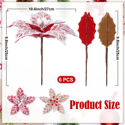 Daifunli 6 Pcs Large Christmas Gingerbread Poinsettia Flowers Tree Picks with Berries 10.6 Inches Christmas Tree Ornaments for Xmas Home Vase Decor(Gold and Red)