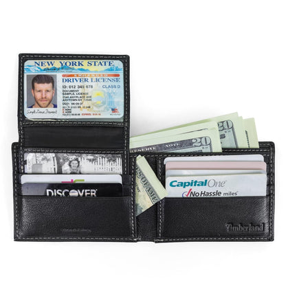 Timberland Men's RFID Blocking Wallet – Genuine Leather Passcase with Removable ID Holder, 6 Card Slots, 2 Billfold Pockets, Slim Design, Black, One Size