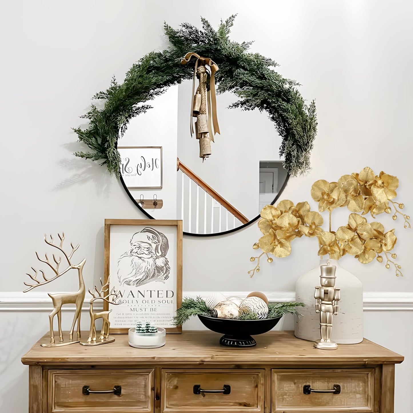 Gold Glitter Artificial Orchid Stems 3 Pcs, 31.5" Christmas Fake Phalaenopsis Orchid Flowers, Sparkling Faux Orchid Branches for Xmas Tree Decorations, Table Centerpieces, Floral Arrangements
