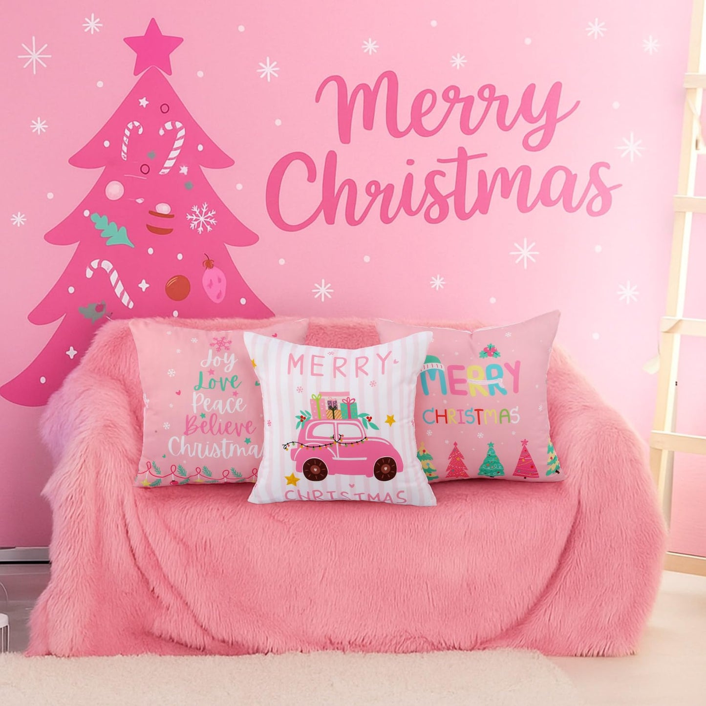 HunnmingRe 6 Pcs Pastel Christmas Throw Pillow Covers 18 x 18 Inch Pink Nutcracker Xmas Trees Truck Pillow Case Soft Candyland Cushion Case Pastel Pink Christmas Decor for Home Couch Sofa Bed Chair