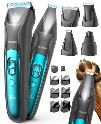 oneisall Quiet Dog Clippers for Grooming LED Light, Cordless Dog Grooming Kit 4 in 1, 2000mAh Pet Clippers Paw Trimmer Nail Grinder for Paw, Nail, Face, Ears, Legs, Body
