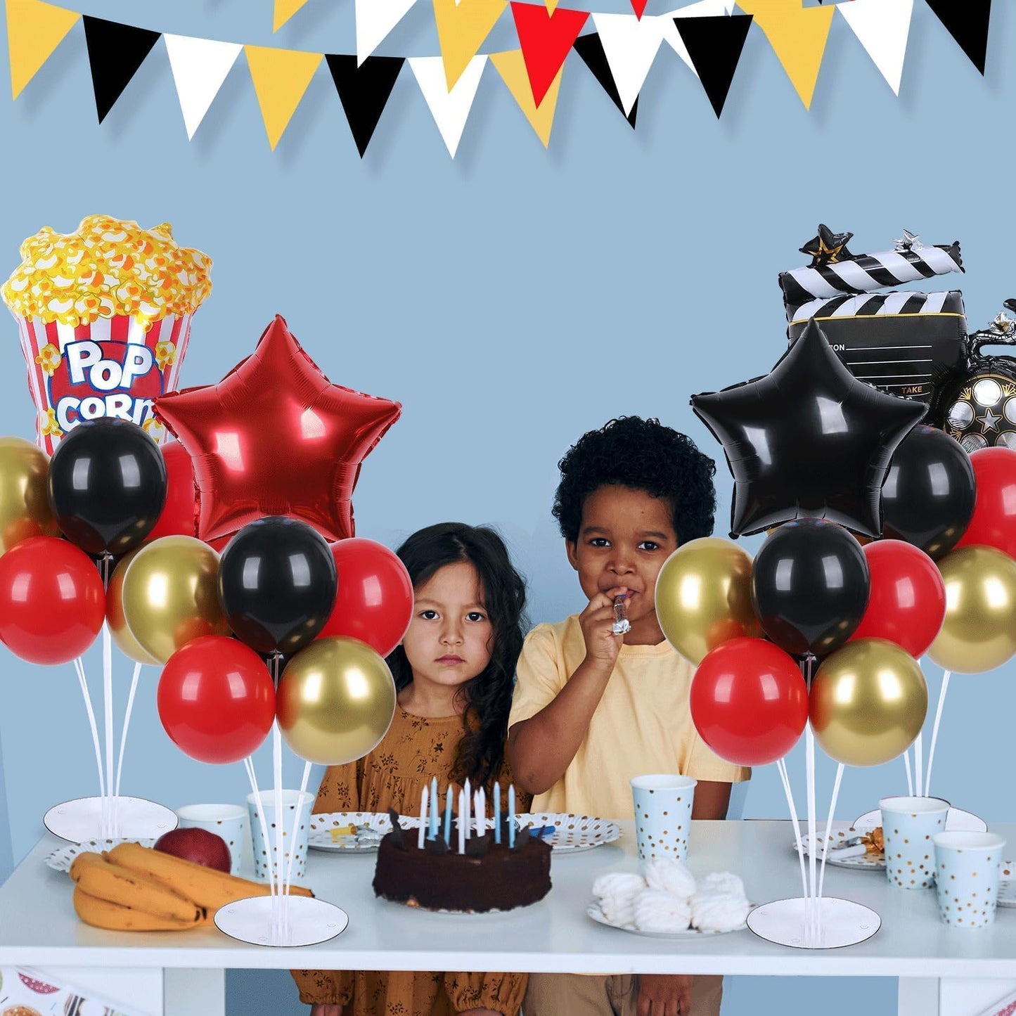 4 Sets Movie Night Party Balloons Stand Kit with Popcorn Clapboard Star Foil Balloons Red Black Gold Themed Party Balloon Centerpiece for Tables for Birthday Camera Film Party Movie Themed Decorations