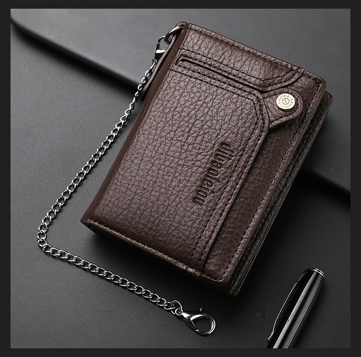 aolaso Wallet with 2 pcs Chain for Men Faux Leather Bifold Wallet Zipper Coin Pocket Purse Anti-Theft Chain Mens Gift (Coffee)