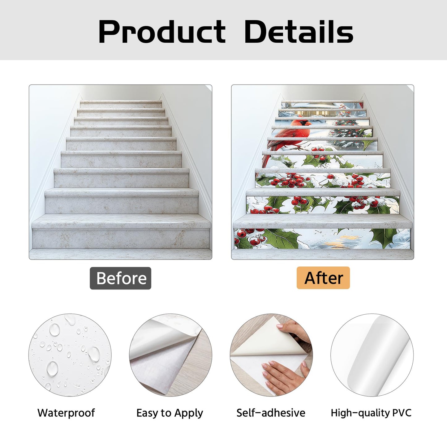 PLIGREAT 15 Strips Christmas Stair Decals, Peel and Stick Bird Xmas Tree Stair Riser Stickers for Steps 7.1"x39"Self-Adhesive Vinyl Retro Farmhouse Staircase Murals Decor for Home Hotel