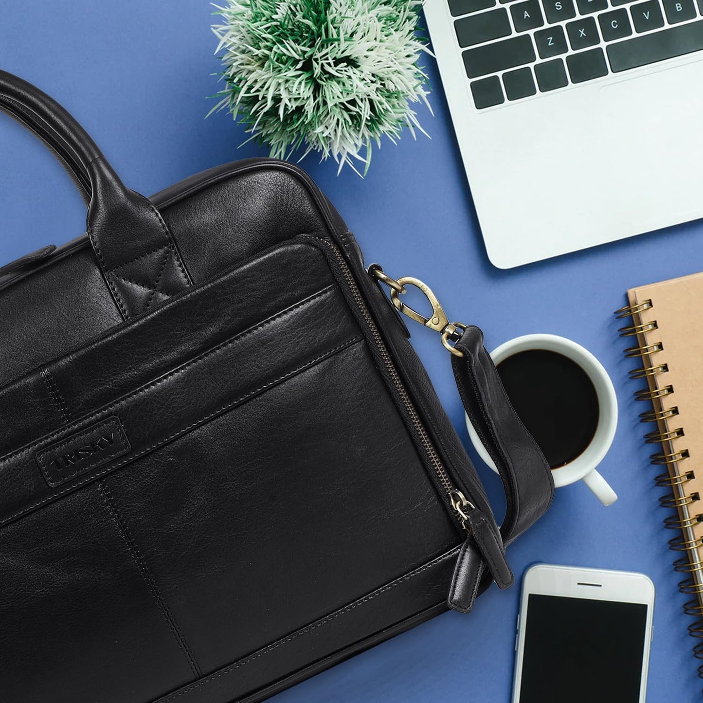 TRISKY Leather Laptop Bag For Men And Women - 16-inch Messenger Bag for Women Crossbody For Office Business Travel - Black Leather Briefcase for Men - Black
