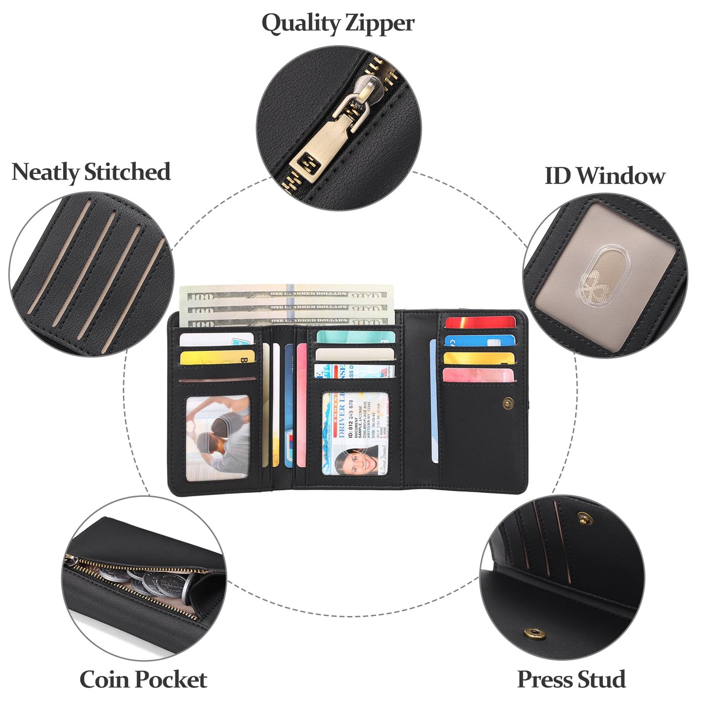 GAEKEAO Small Wallets for Women Leather RFID Blocking Trifold Ladies Wallets Credit Card Holder with Zipper Coin Pocket