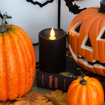 Black Flameless LED Candles - 3" x 4" Real Wax, Battery Operated with Remote Timer, 3D Flickering, Lasts 600+ Hours, Halloween & Christmas Deco (Black, 3"*4"-1pcs)