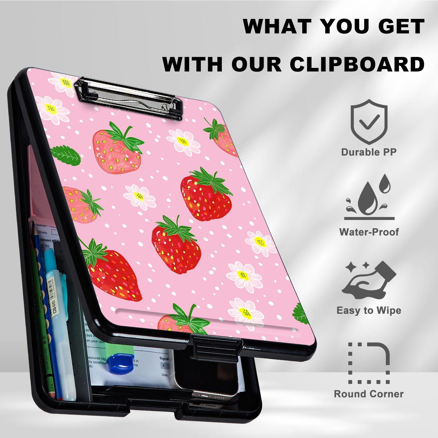 Clipboard with Storage,Plastic Storage Clipboard with Low Profile Clip, Heavy Duty Nursing Clipboards Foldable,Coaches Clipboard Case for Work, Office School Supplies,Teacher,Cute Strawberry Pink