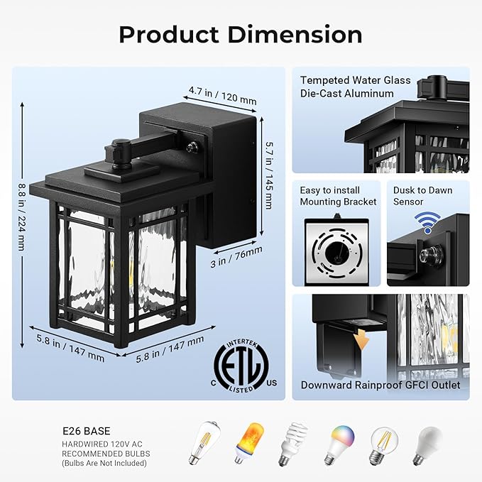 2-Pack Porch Light with GFCI Outlet, Black Dusk to Dawn Outdoor Lantern Wall Mount, Modern Outdoor Sconces Wall Lighting with Glass Shade, Waterproof Outdoor Light Fixtures for House, Garage