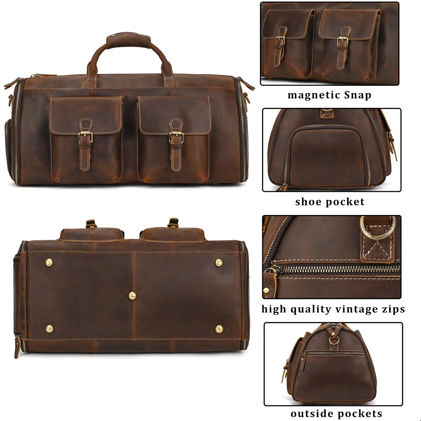 Leather Garment Bag for Men, Convertible Carry on Garment Duffel Bag for Travel Weekender Bag 2 in 1 Hanging Suitcase Suit Bag