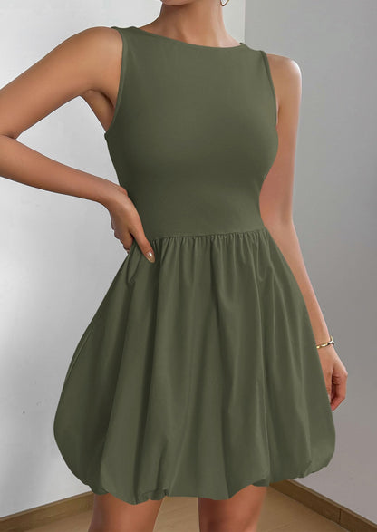 PRETTYGARDEN Summer Dresses for Women 2025 Casual Sleeveless Tank Mini Short Dress Crew Neck Bubble Sundress with Pockets (Army Green,Medium)