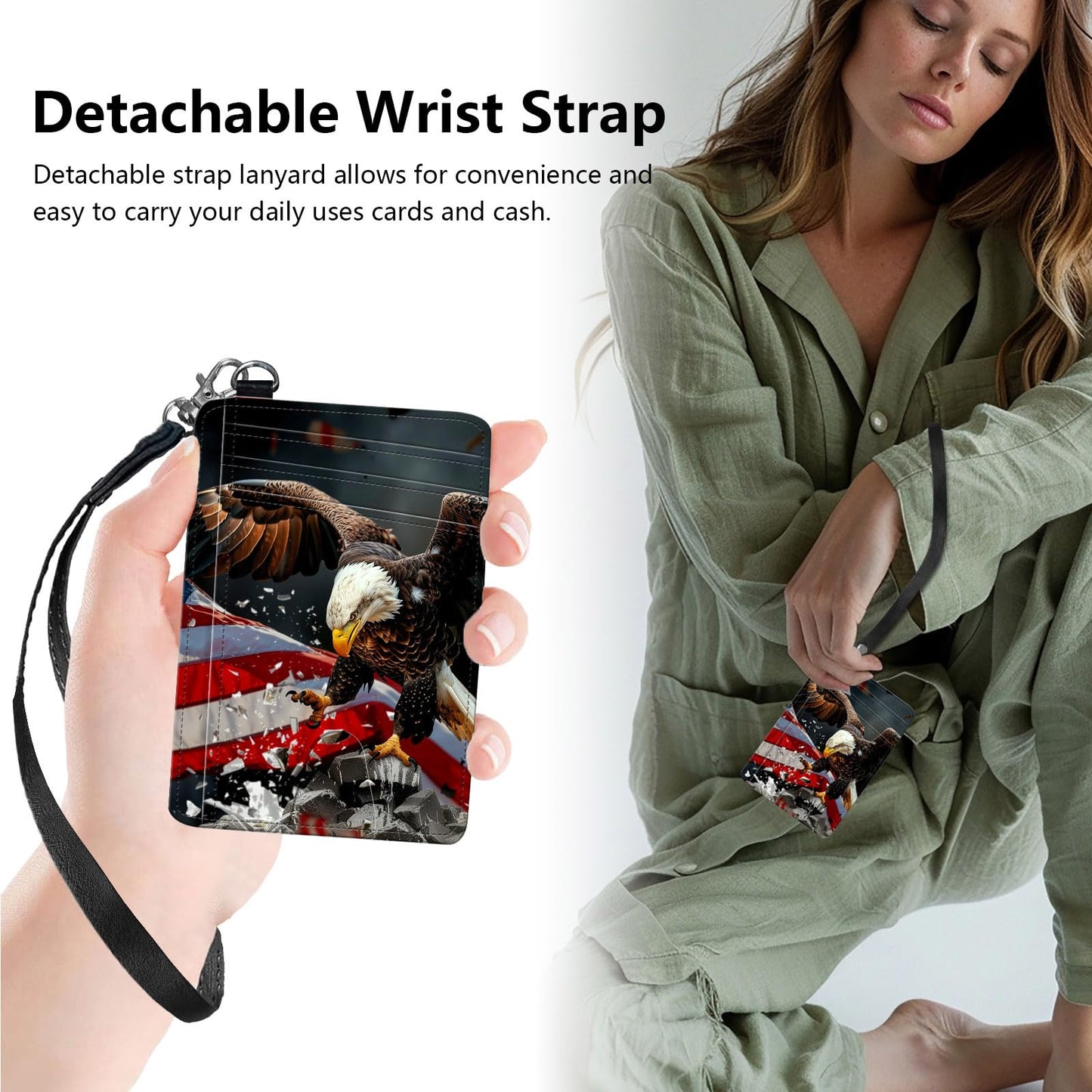 BREIDMKFM Credit Card Holder Slim Wallet,RFID Wallet Women Front Pocket Small Card Holder Travel Cute Thin Minimalist Card Case Leather Flat Wallet with ID Window&Wrist Strap,American Flag Eagle