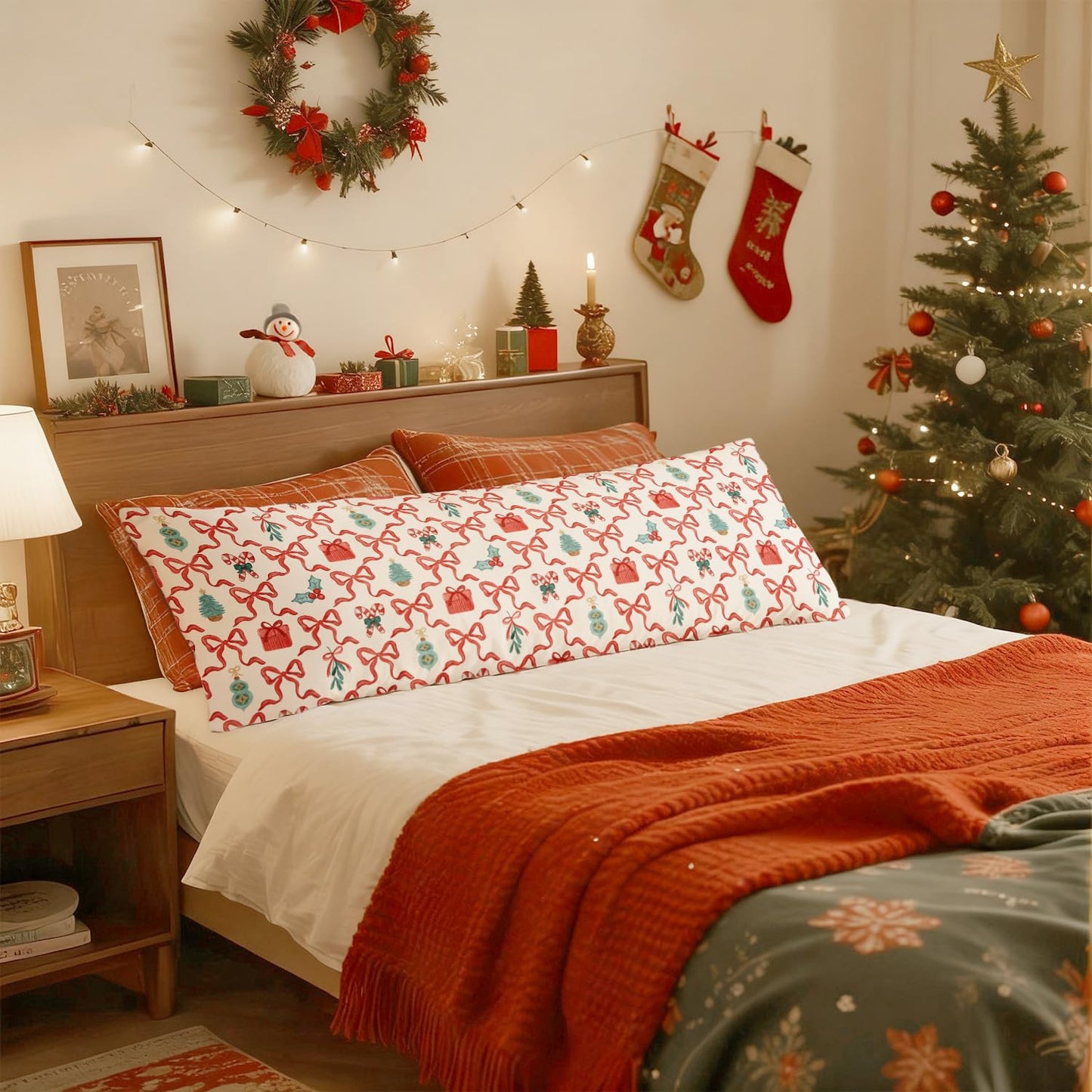 PIUD Coquette Red Bow Christmas 20x54 Body Pillow Cover, Preppy Christmas Decor, Red and Green Xmas Candy Cane Holly Berries Decorative Long Body Pillow Cases for Bed Couch