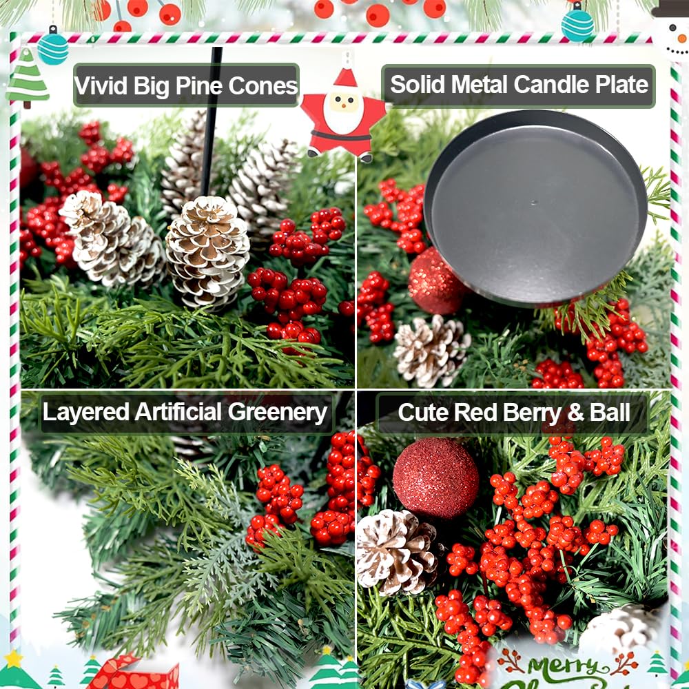 27.6" Christmas Table Centerpiece with Lighs Christmas Candle Holders with 3 Trays Red Berries Balls Pine Cones Xmas Pine Garland Lights Decoration for Centerpiece Table Mantel Holiday Home Decor