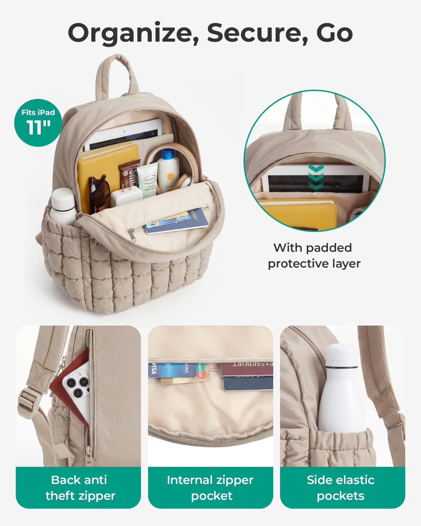 BAGSMART Mini Backpacks for Women, Puffy Checkered Quilted Small Backpack with Pouch, Lightweight Daypack Purse, Water-Resistant Bookbag for Daily Travel College, 2-in-1 Set, Coffee Brown