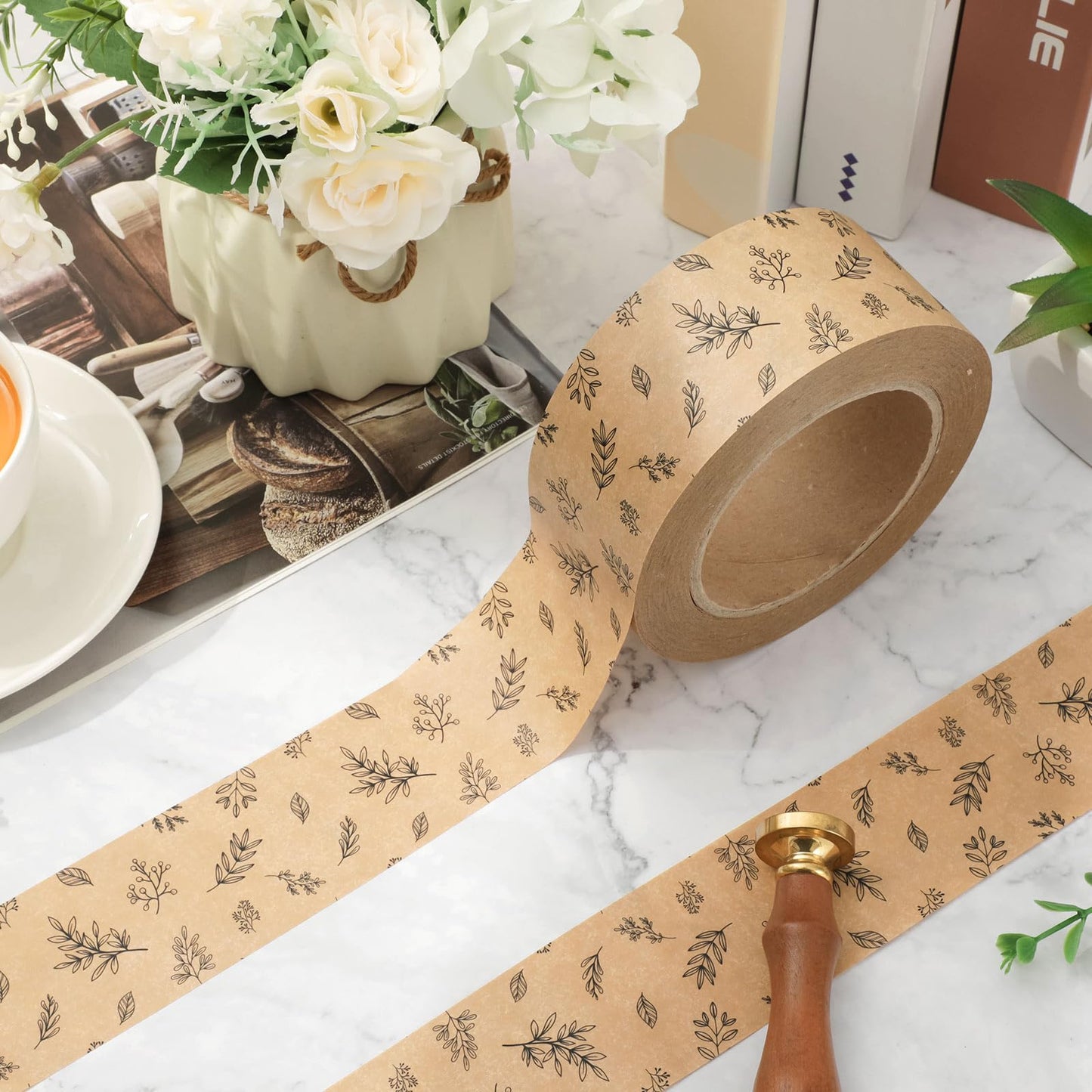 FYSUIMU 55 Yard Kraft Paper Packing Tape Botanical Leaves Brown Gift Wrapping Tapes Waterproof Shipping Tape for Small Business DIY Crafts Box Carton Decor