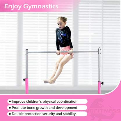DINOFITNESS Gymnastics Bar for Kids,11 Levels Adjustable Height Gymnastics Equipment for Home,Thickened Upright Tube Gymnastic Horizontal Bars,No Wobble Gymnastics bar for Kids Ages 3-16 (Pink)