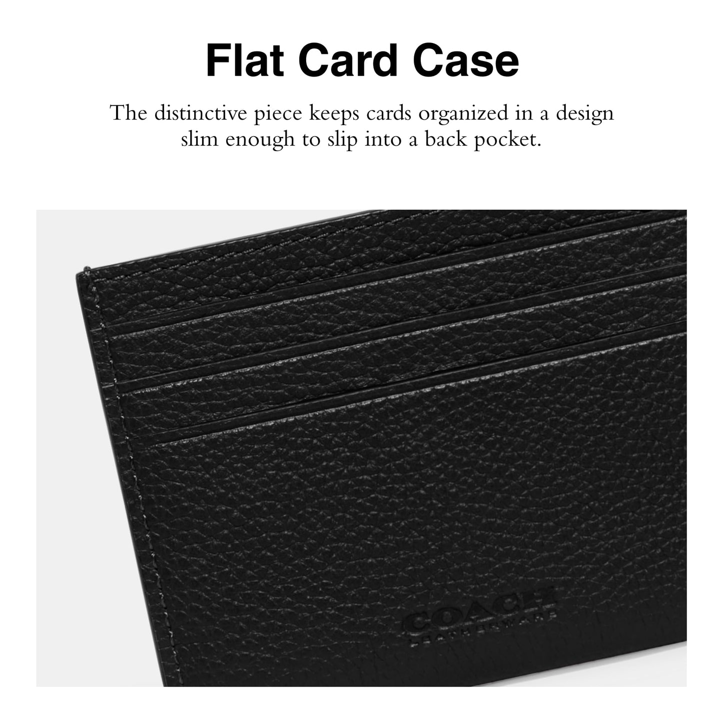 COACH Flat Card Case in Pebble Leather w/Sculpted C Hardware Branding Black One Size