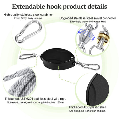 ZUZUAN 2025Upgraded 3Pcs Heavy Duty Retractable Plant Hanger,Plant Pulleys for Hanging Plants,Easy to Raise & Lower,Auto Lock,Adjustable Hook for Garden Baskets Pots,Birds Feeder and Grow Lights,Black