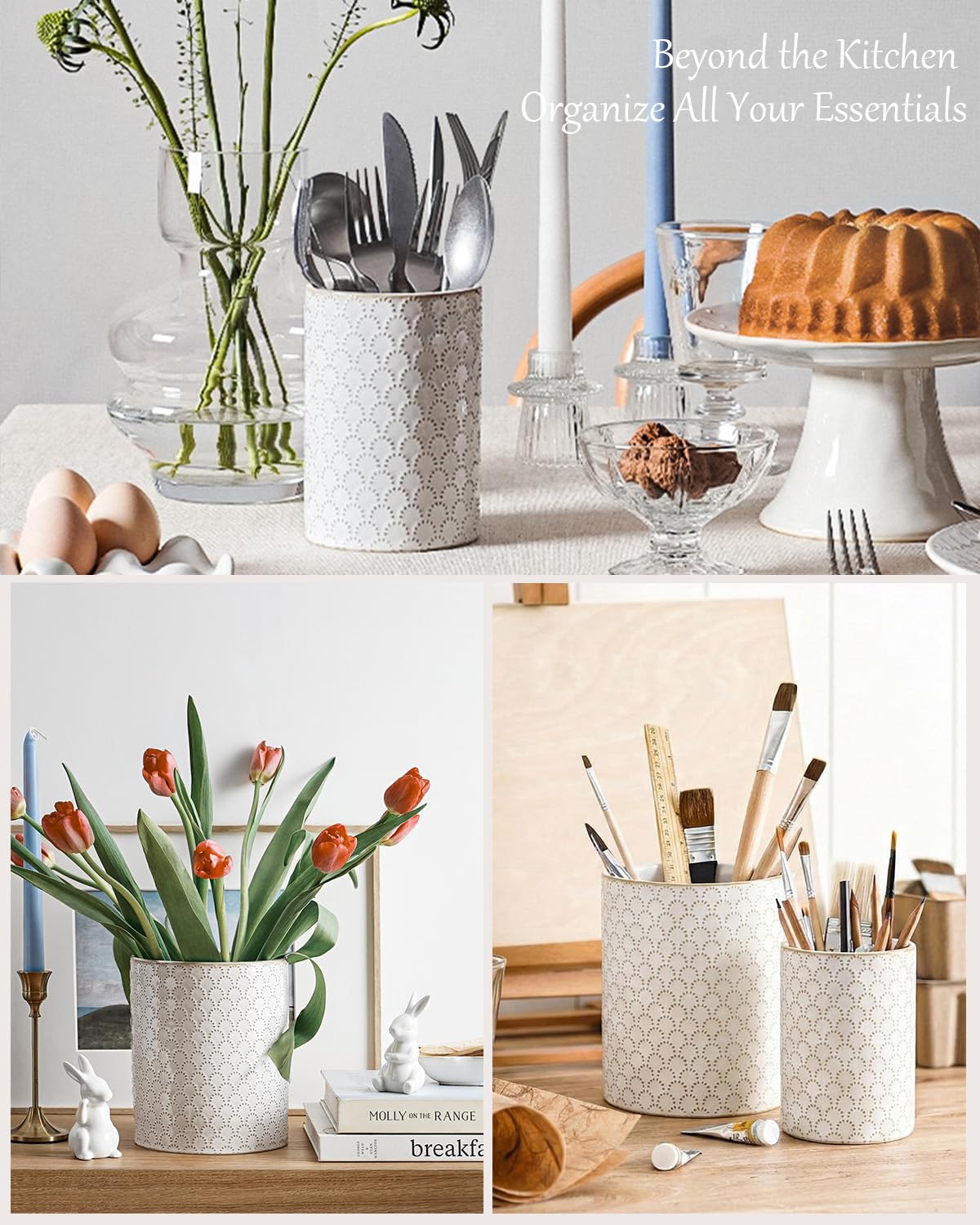 LE TAUCI Kitchen Utensil Holder for Countertop - 7.1"+5.4" Ceramic Utensil Crock Set of 2, Large Cooking Utensil Organizer for Spatula, Spoon, Whisk - Farmhouse Storage, Embossed, Fireworks